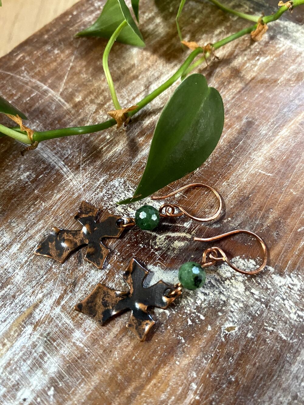 Ruby Zoisite Copper Cross Earrings
